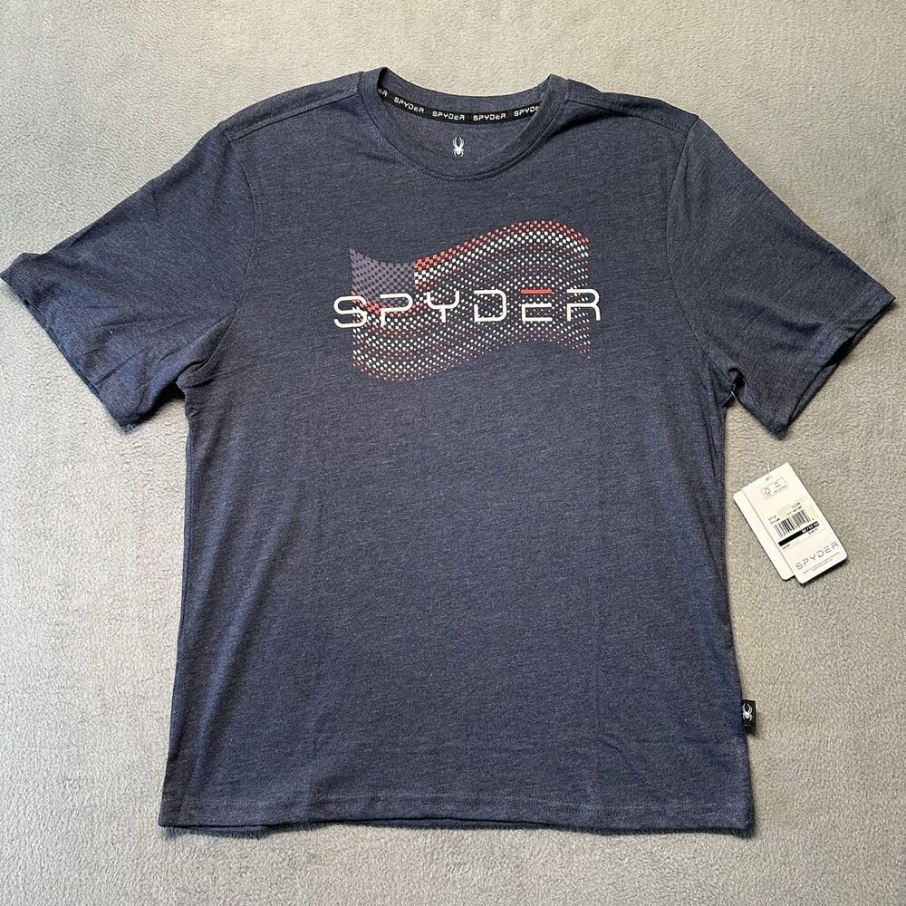 Spyder Mens Medium Graphic T Shirt Blue Logo Outdoor Athletic Sport Flag NWT
